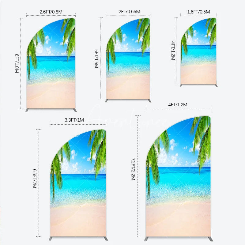 Aperturee - Aperturee Tropical Beach Half Moon Arch Backdrop with Blue Sky and Palm Trees Clear Ocean Water and Sandy Shore