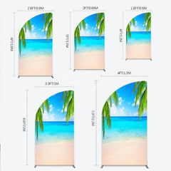 Aperturee - Aperturee Tropical Beach Half Moon Arch Backdrop with Blue Sky and Palm Trees Clear Ocean Water and Sandy Shore