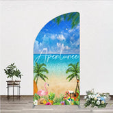 Aperturee - Aperturee Tropical Beach Hawaiian Luau Half Moon Arch Backdrop Blue Sky Ocean Palm Trees Flamingo Pineapple Decor.