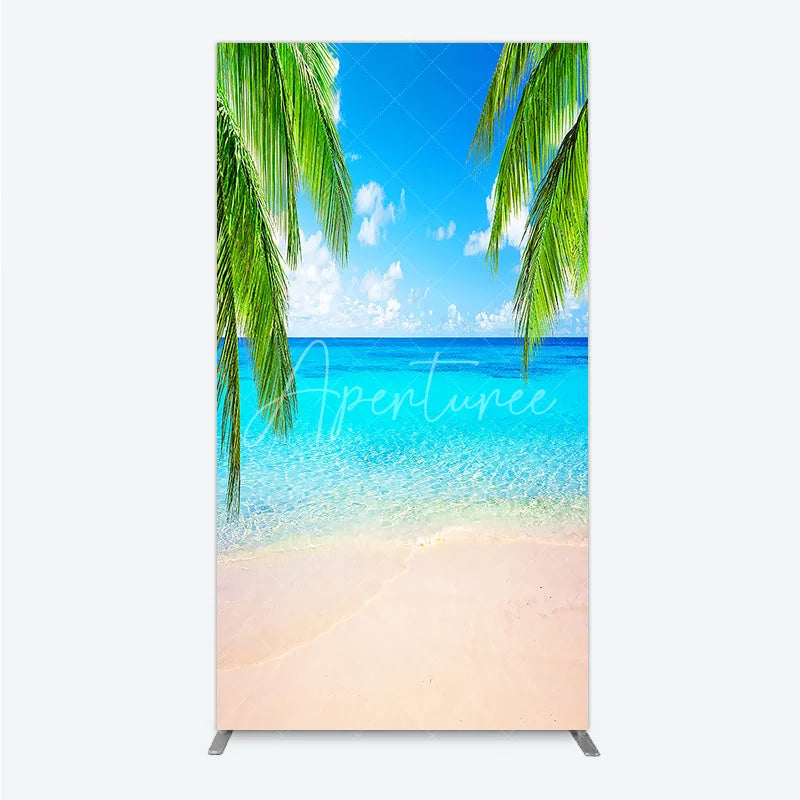 Aperturee - Aperturee Tropical Beach Rectangle Arch Backdrop with Palm Trees Clear Blue Ocean and Sunny Sky for Summer Party Decor