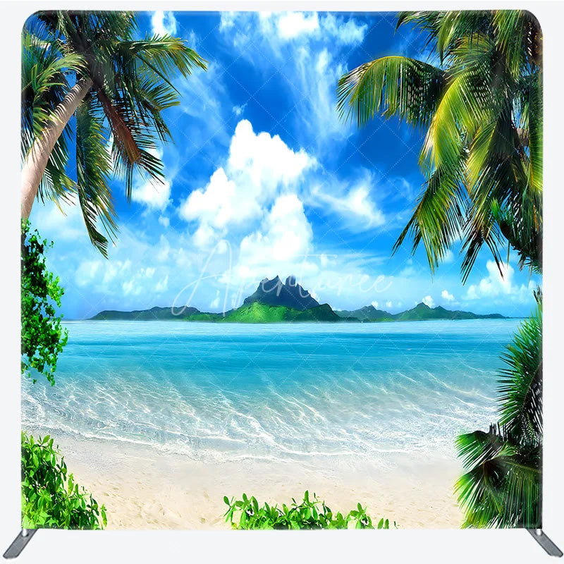 Aperturee - Aperturee Tropical Beach Tension Fabric Backdrop Palm Trees Blue Ocean Decor Summer Island Theme Background for Luau Party