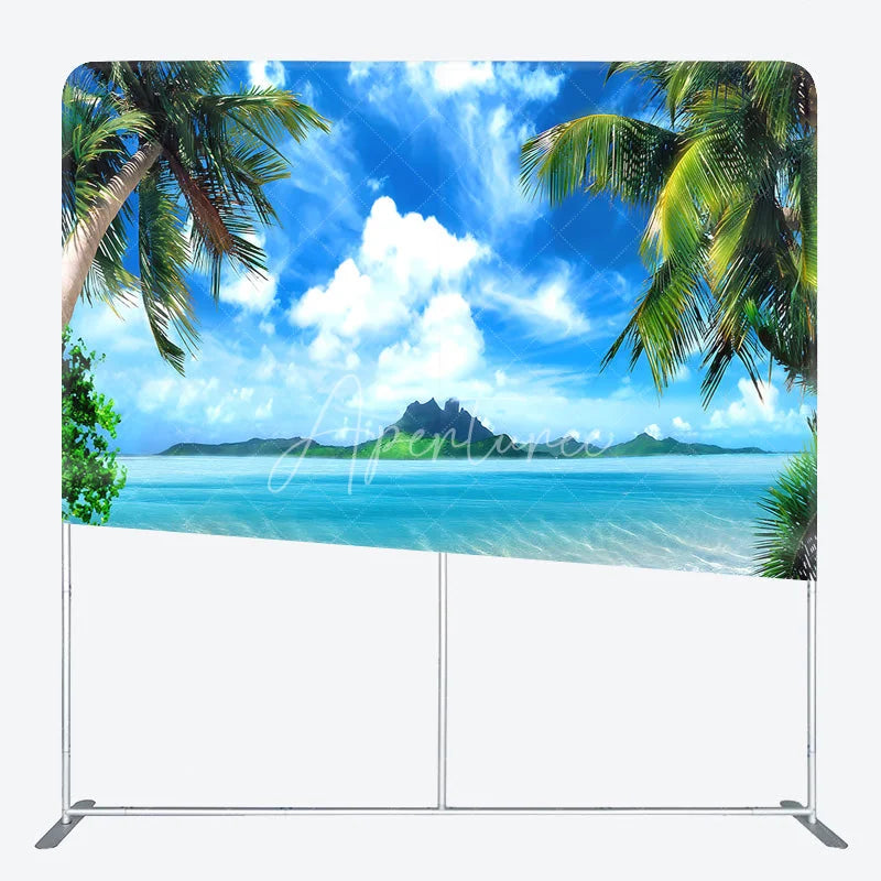 Aperturee - Aperturee Tropical Beach Tension Fabric Backdrop Palm Trees Blue Ocean Decor Summer Island Theme Background for Luau Party