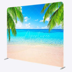 Aperturee - Aperturee Tropical Beach Tension Fabric Backdrop Summer Ocean with Blue Sky and Palm Trees Paradise Island Photo Prop