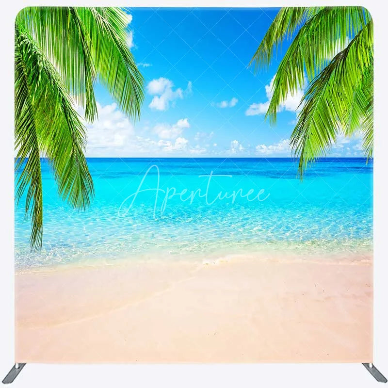Aperturee - Aperturee Tropical Beach Tension Fabric Backdrop Summer Ocean with Blue Sky and Palm Trees Paradise Island Photo Prop