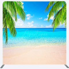 Aperturee - Aperturee Tropical Beach Tension Fabric Backdrop Summer Ocean with Blue Sky and Palm Trees Paradise Island Photo Prop