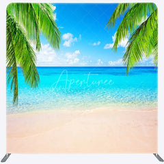 Aperturee - Aperturee Tropical Beach Tension Fabric Backdrop Summer Ocean with Blue Sky and Palm Trees Paradise Island Photo Prop
