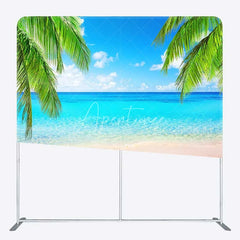 Aperturee - Aperturee Tropical Beach Tension Fabric Backdrop Summer Ocean with Blue Sky and Palm Trees Paradise Island Photo Prop