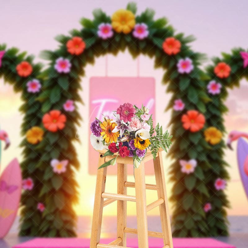 Aperturee - Aperturee Tropical Flamingo Floral Hawaii Surf Board Backdrop