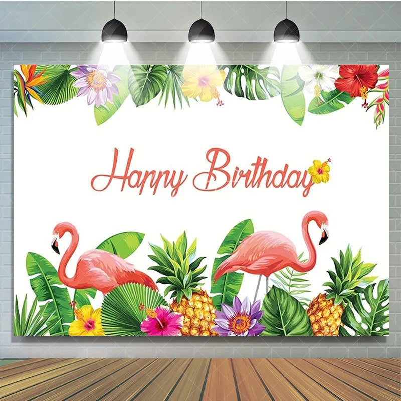 Aperturee - Aperturee Tropical Flamingo Happy Birthday Backdrop Summer Beach with Palm Leaves Hawaiian Luau Party Photo Booth Decor