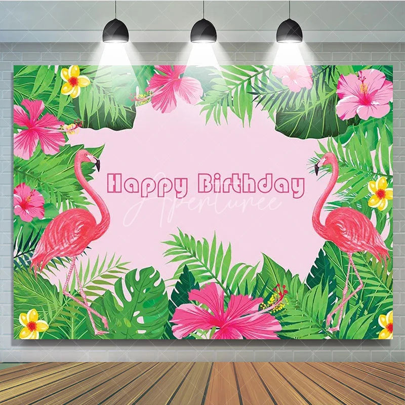 Aperturee - Aperturee Tropical Flamingo Happy Birthday Backdrop Summer Beach with Palm Leaves Hawaiian Luau Party Photo Booth Decor