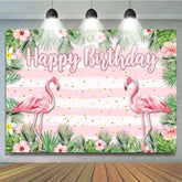 Aperturee - Aperturee Tropical Flamingo Happy Birthday Backdrop Summer Beach with Palm Leaves Hawaiian Luau Party Photo Booth Decor