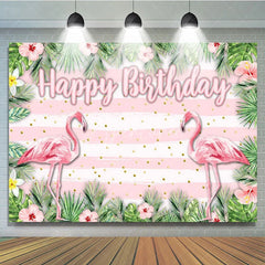 Aperturee - Aperturee Tropical Flamingo Happy Birthday Backdrop Summer Beach with Palm Leaves Hawaiian Luau Party Photo Booth Decor