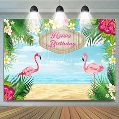 Aperturee - Aperturee Tropical Flamingo Happy Birthday Backdrop Summer Beach with Palm Leaves Hawaiian Luau Party Photo Booth Decor