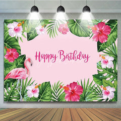 Aperturee - Aperturee Tropical Flamingo Happy Birthday Backdrop Summer Beach with Palm Leaves Hawaiian Luau Party Photo Booth Decor