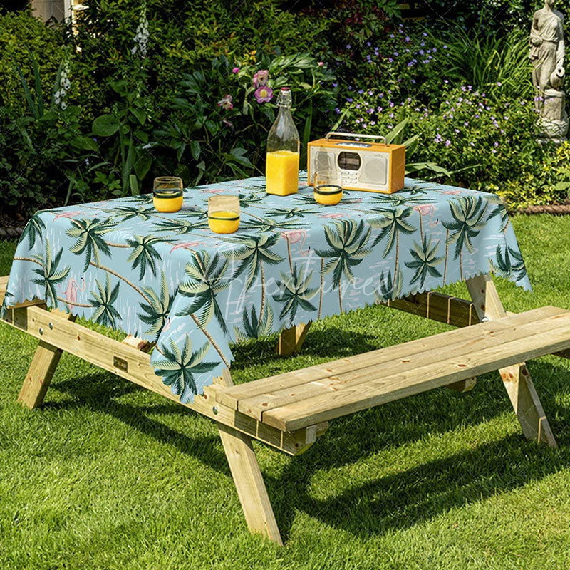 Aperturee - Aperturee Tropical Flamingo Rectangle Tablecloth with Palm Trees Blue Hawaiian Luau Summer Beach Party Dining Decor
