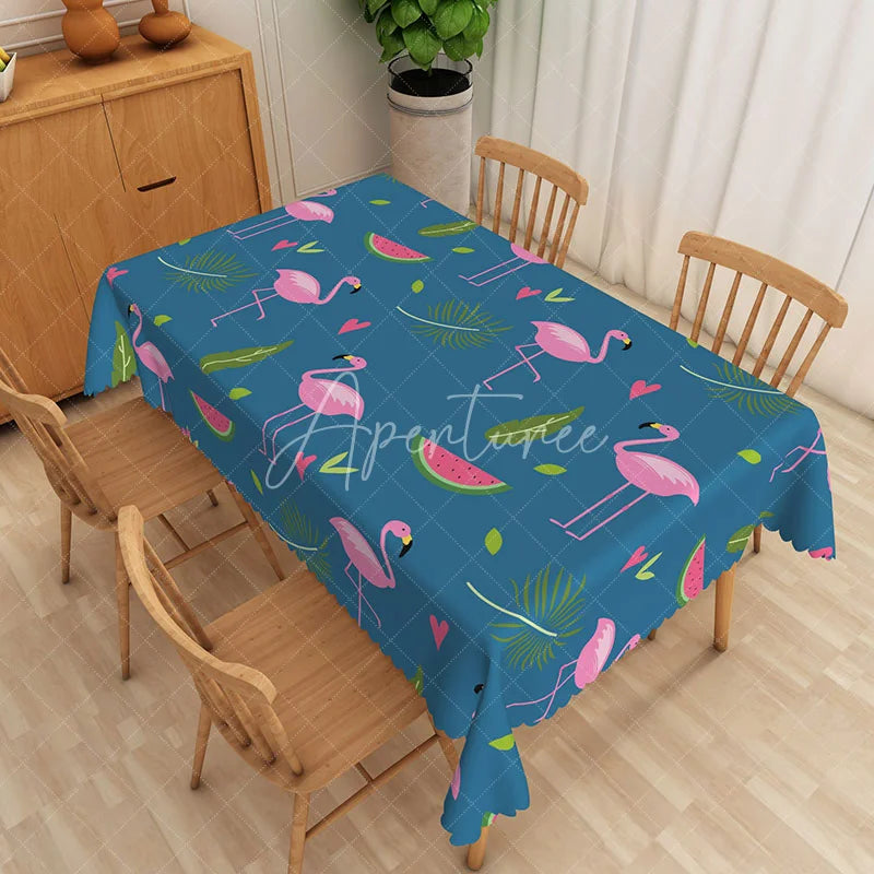 Aperturee - Aperturee Tropical Flamingo Watermelon Rectangle Tablecloth Blue Summer Dining Table Cover for Party