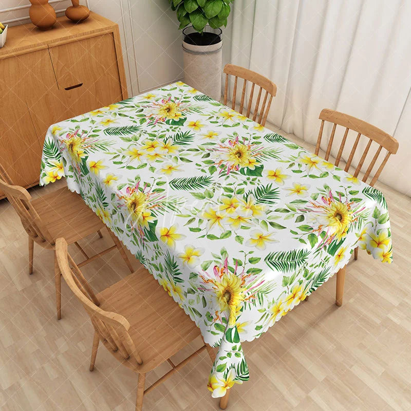Aperturee - Aperturee Tropical Floral Rectangle Tablecloth Yellow Plumeria and Palm Leaves Pattern for Summer Luau Party Decor