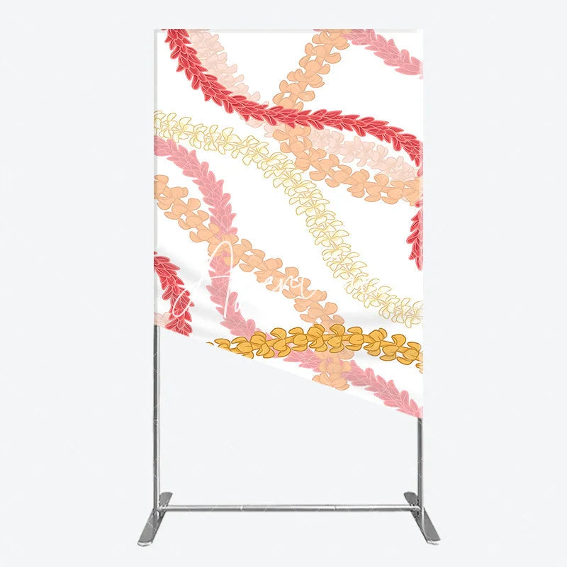 Aperturee - Aperturee Tropical Hawaiian Flower Lei Pattern Rectangle Arch Backdrop Vibrant Red Pink Orange Yellow Luau Summer Party Decor