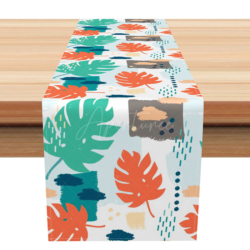 Aperturee - Aperturee Tropical Hawaiian Leaves Table Runner Fine Art Monstera and Palm Leaf Fresh Green Summer Dining Room Decor