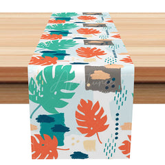 Aperturee - Aperturee Tropical Hawaiian Leaves Table Runner Fine Art Monstera and Palm Leaf Fresh Green Summer Dining Room Decor