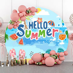 Aperturee - Aperturee Tropical Hello Summer Beach Round Backdrop Featuring Palm Trees and Flip-Flops for Vacation Party