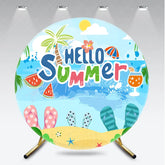 Aperturee - Aperturee Tropical Hello Summer Beach Round Backdrop Featuring Palm Trees and Flip-Flops for Vacation Party