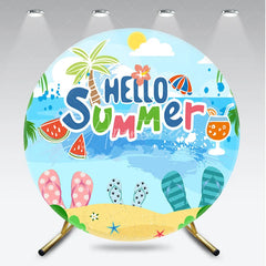 Aperturee - Aperturee Tropical Hello Summer Beach Round Backdrop Featuring Palm Trees and Flip-Flops for Vacation Party