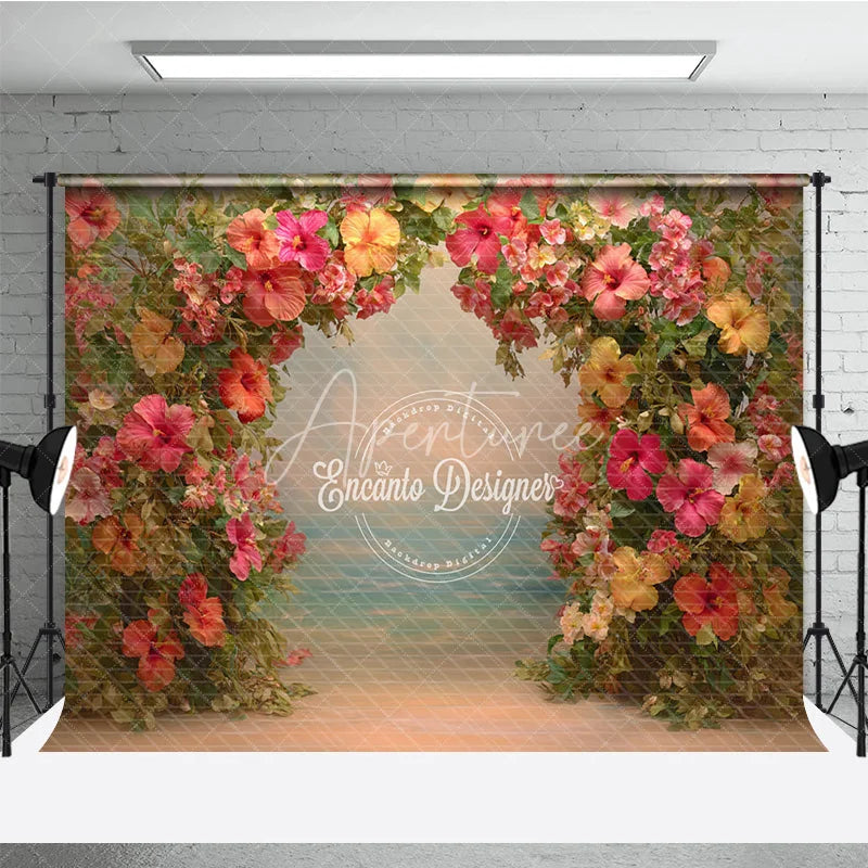 Aperturee - Aperturee Tropical Hibiscus Floral Arch Backdrop Summer Beach Photo Prop Hawaiian Luau Party Decorations