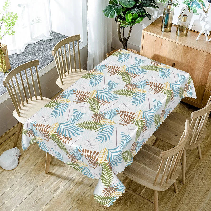 Aperturee - Aperturee Tropical Leaf Rectangle Tablecloth Blue and Brown Palm Fronds Modern Summer Hawaiian Kitchen Dining Decor
