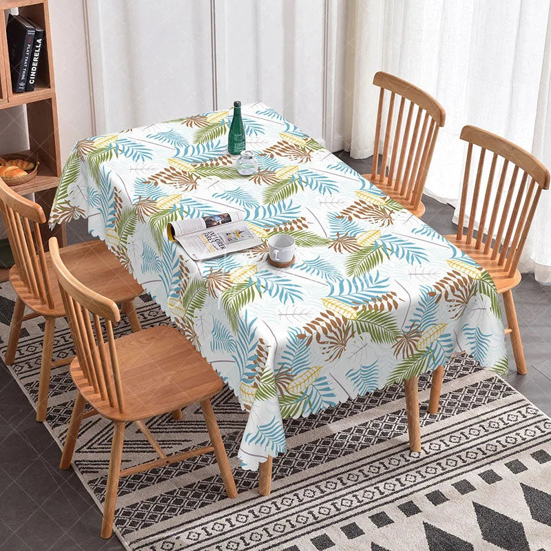 Aperturee - Aperturee Tropical Leaf Rectangle Tablecloth Blue and Brown Palm Fronds Modern Summer Hawaiian Kitchen Dining Decor