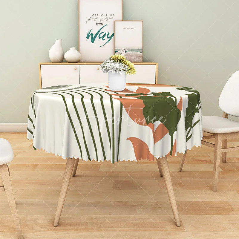 Aperturee - Aperturee Tropical Leaf Round Tablecloth with Green Stripes for Summer Jungle and Modern Botanical Decor
