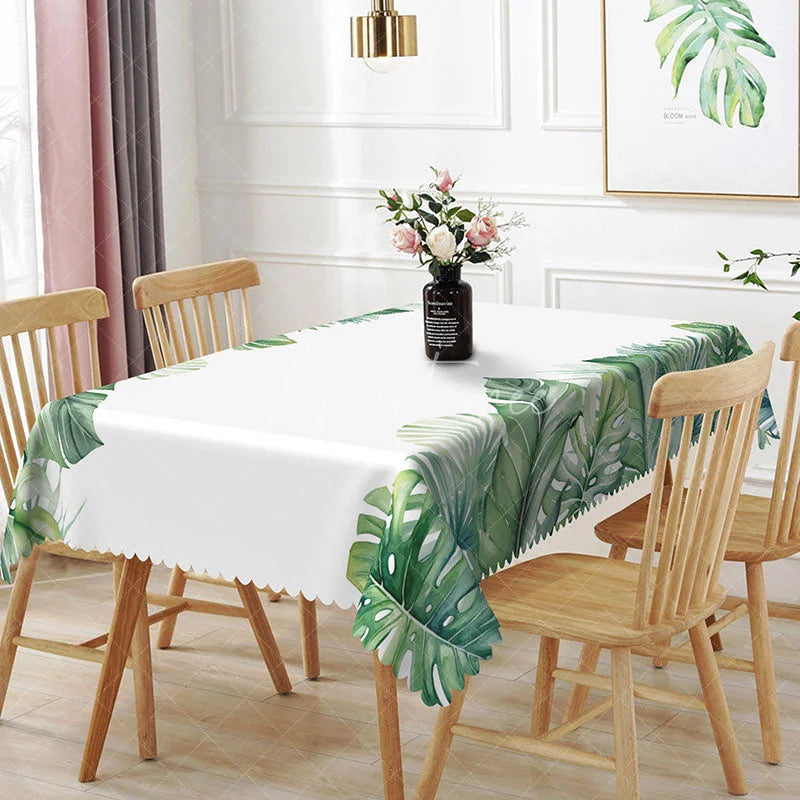 Aperturee - Aperturee Tropical Monstera and Palm Leaf Rectangle Tablecloth Watercolor Jungle Foliage Table Cover Luau Party Decor