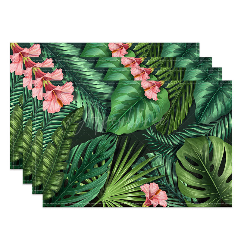 Aperturee - Aperturee Tropical Monstera Leaf Placemats Set of 4 Green Hawaiian Palm Leaves for Summer Luau Party Decor