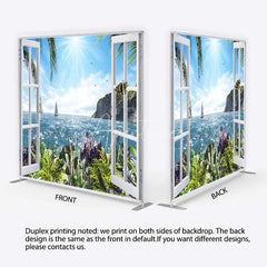 Aperturee - Aperturee Tropical Ocean View Tension Fabric Backdrop Summer Beach Window Sailboat and Palm Party Decorations