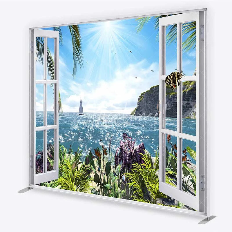 Aperturee - Aperturee Tropical Ocean View Tension Fabric Backdrop Summer Beach Window Sailboat and Palm Party Decorations