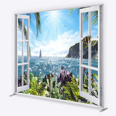Aperturee - Aperturee Tropical Ocean View Tension Fabric Backdrop Summer Beach Window Sailboat and Palm Party Decorations