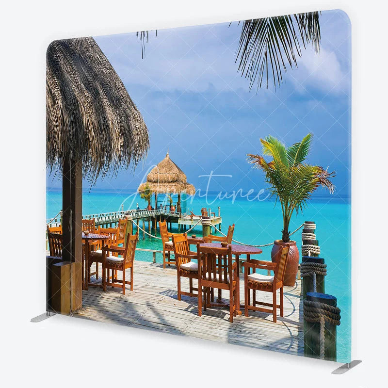Aperturee - Aperturee Tropical Overwater Restaurant Square Double-Sided Backdrop featuring Turquoise Ocean and Thatched Roof Hut Decor
