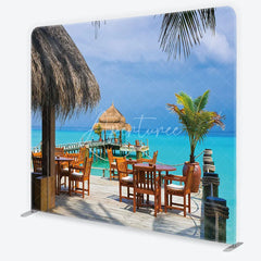 Aperturee - Aperturee Tropical Overwater Restaurant Square Double-Sided Backdrop featuring Turquoise Ocean and Thatched Roof Hut Decor