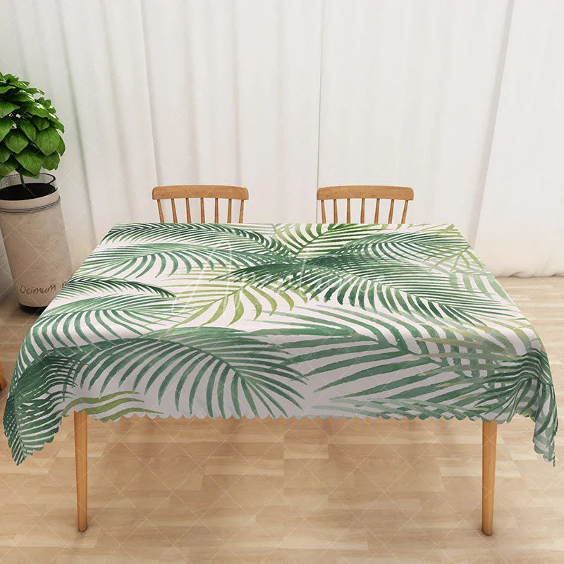 Aperturee - Aperturee Tropical Palm Leaf Tablecloth in Beige and Green for Summer Luau Jungle or Safari Themed Party Decor