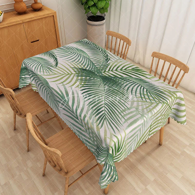 Aperturee - Aperturee Tropical Palm Leaf Tablecloth in Beige and Green for Summer Luau Jungle or Safari Themed Party Decor