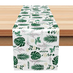 Aperturee - Aperturee Tropical Palm Leaves Table Runner in Green for Summer Luau Party and Botanical Kitchen Dining Decor