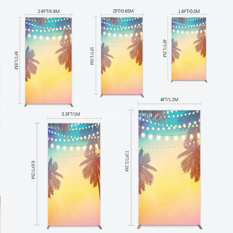 Aperturee - Aperturee Tropical Palm Trees and Fairy Lights Rectangle Arch Backdrop Vibrant Sunset Gradient Summer Party