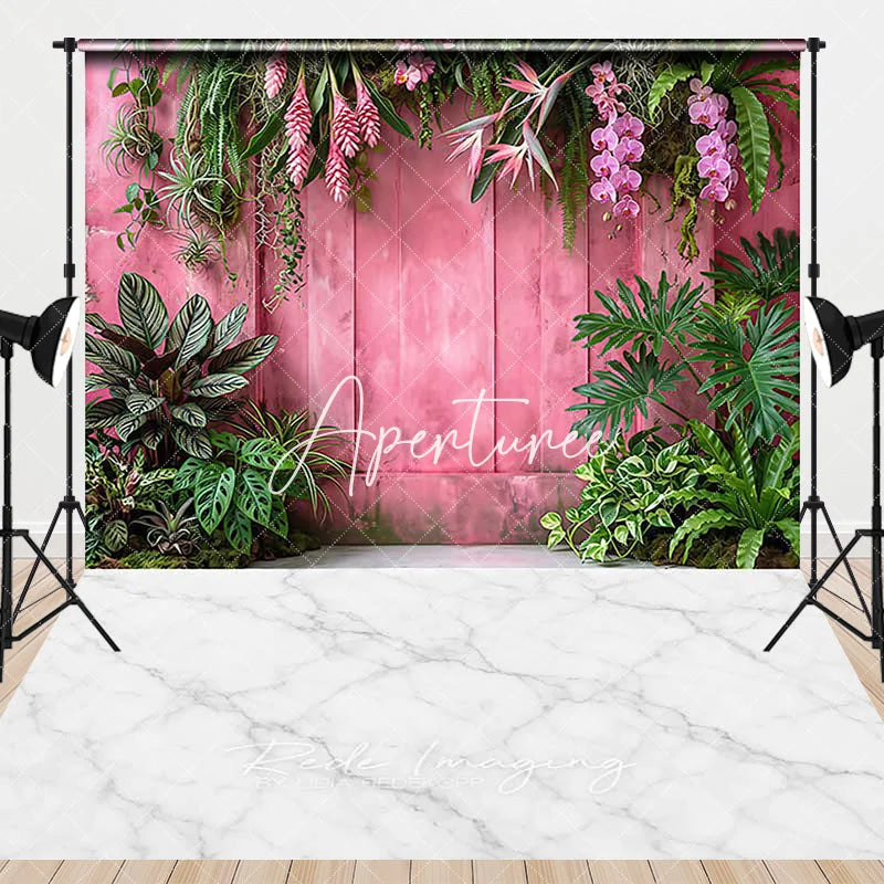 Aperturee - Aperturee Tropical Pink Wooden Wall and White Marble Floor Combo Set Backdrop Lush Green Foliage Photography Decor