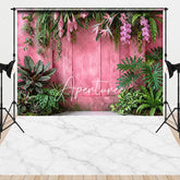 Aperturee - Aperturee Tropical Pink Wooden Wall and White Marble Floor Combo Set Backdrop Lush Green Foliage Photography Decor