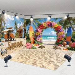 Aperturee - Aperturee Tropical Summer Beach with Surfboards Room Set Backdrop Vibrant Floral Arch Party Decor
