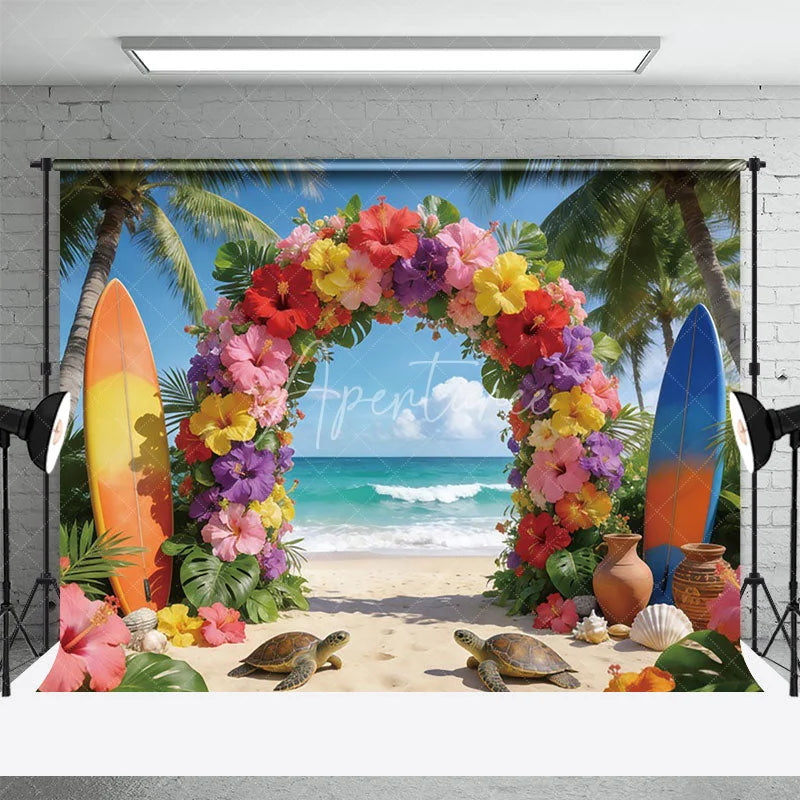 Aperturee - Aperturee Tropical Summer Beach with Surfboards Room Set Backdrop Vibrant Floral Arch Party Decor