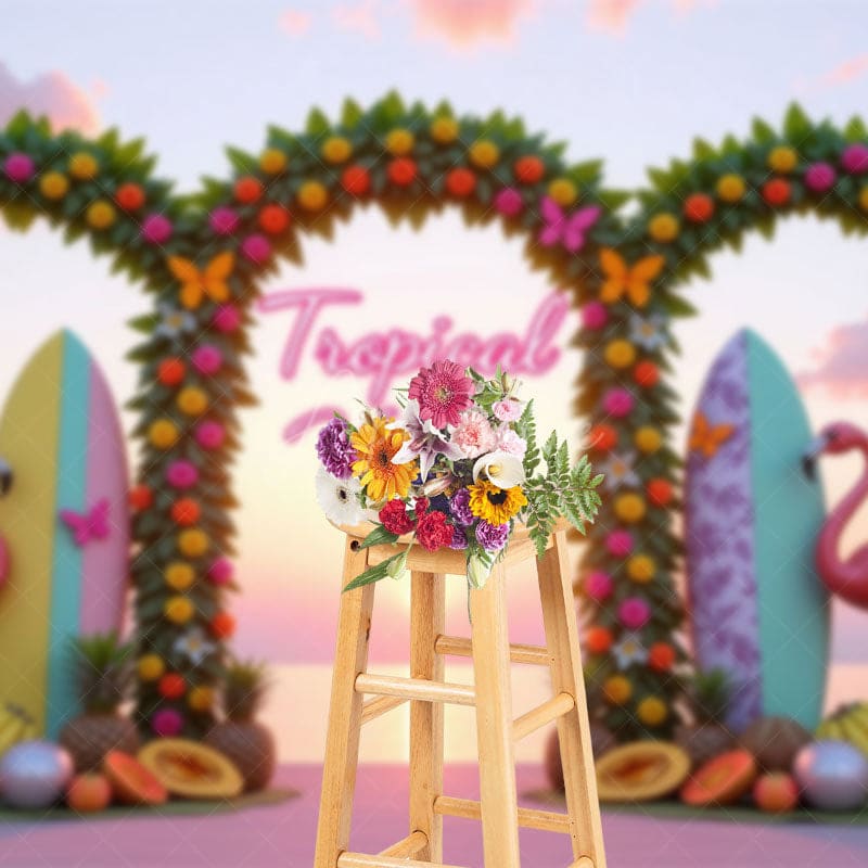 Aperturee - Aperturee Tropical Vibes Fruits Arch Flamingo Summer Backdrop