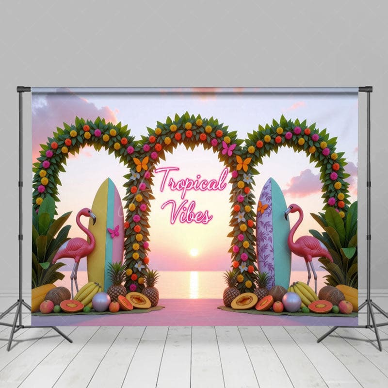 Aperturee - Aperturee Tropical Vibes Fruits Arch Flamingo Summer Backdrop