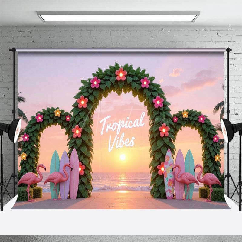 Aperturee - Aperturee Tropical Vibes Sunset Floral Hawaii Beach Backdrop