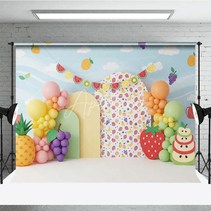 Aperturee - Aperturee Tutti Frutti Backdrop Colorful Fruit Theme with Watermelon and Pineapple Kids Birthday Party Banner